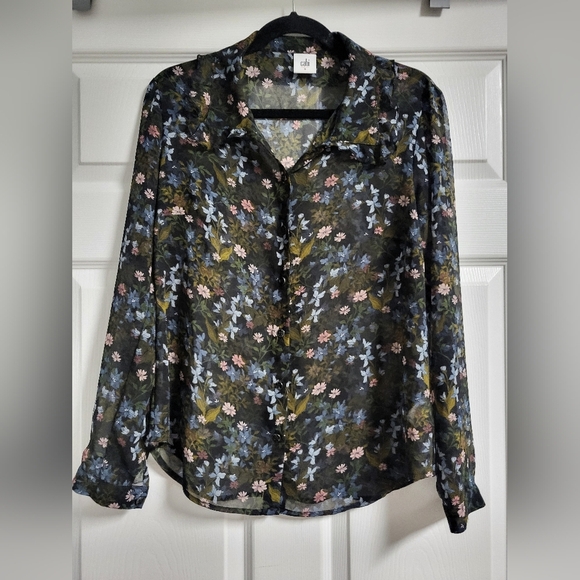 Cabi Women's Floral Sheer Button Up Ruffle Collar Blouse - Black and Blue-Size S - Picture 1 of 10